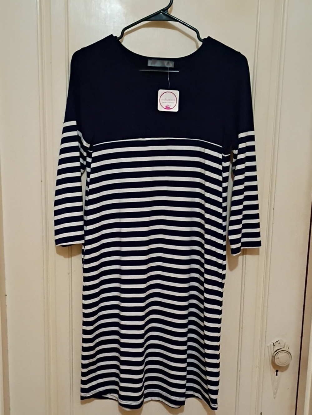 Women's Navy and White Striped Long-Sleeve Dress